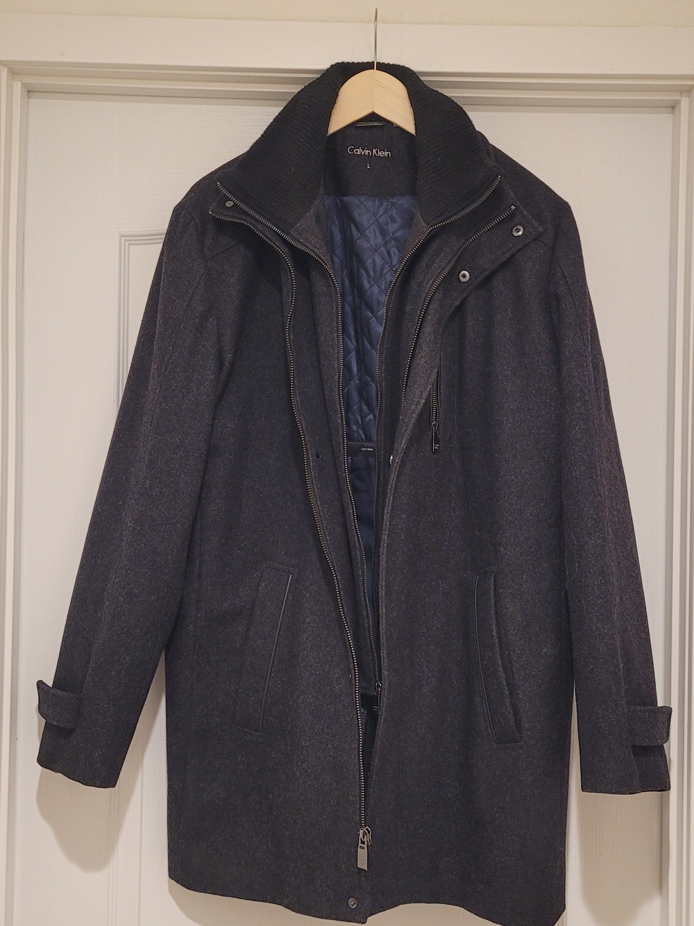 Calvin Klein Men’s Dark Charcoal Wool-Blend Pea Coat with Navy Quilted Lining L